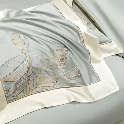 Light gray eucalyptus lyocell soft bedding set bedroom leaf embroidery
