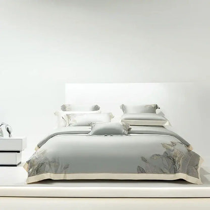 Light gray eucalyptus lyocell soft bedding set bedroom leaf embroidery