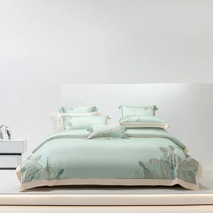 Light gray eucalyptus lyocell soft bedding set bedroom leaf embroidery