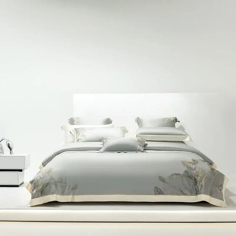 Light gray eucalyptus lyocell soft bedding set bedroom leaf embroidery