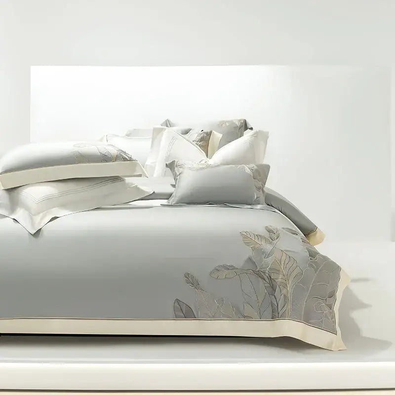 Light gray eucalyptus lyocell soft bedding set bedroom leaf embroidery