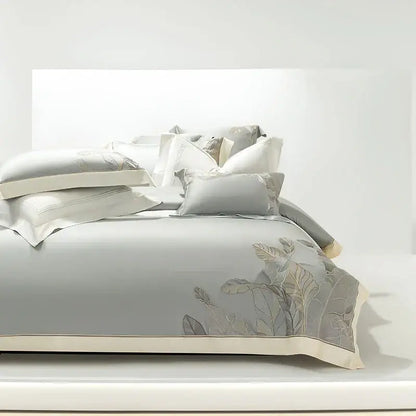 Light gray eucalyptus lyocell soft bedding set bedroom leaf embroidery