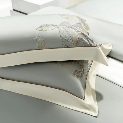 Light gray eucalyptus lyocell soft bedding set bedroom leaf embroidery