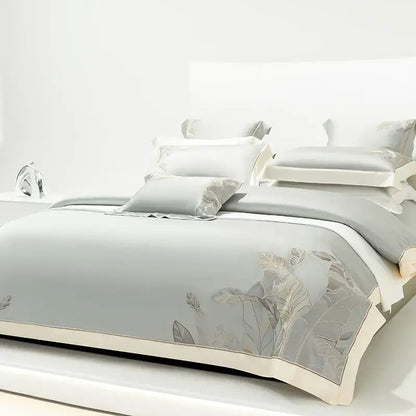 Light gray eucalyptus lyocell soft bedding set bedroom leaf embroidery