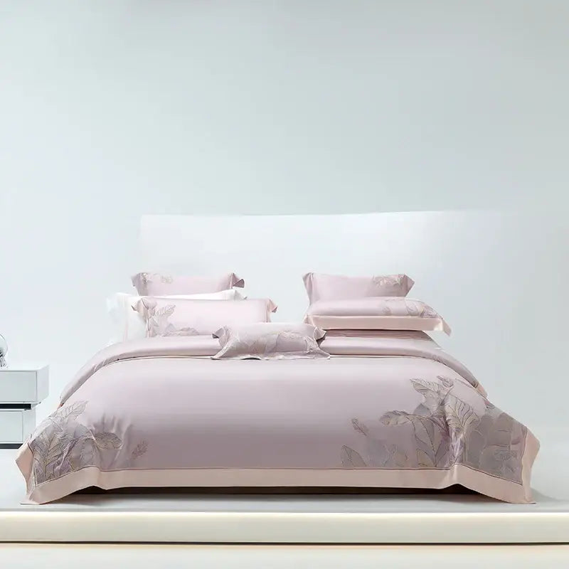 Light gray eucalyptus lyocell soft bedding set bedroom leaf embroidery