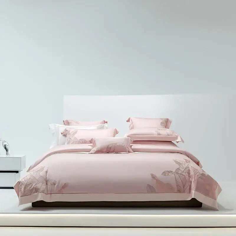 Light gray eucalyptus lyocell soft bedding set bedroom leaf embroidery