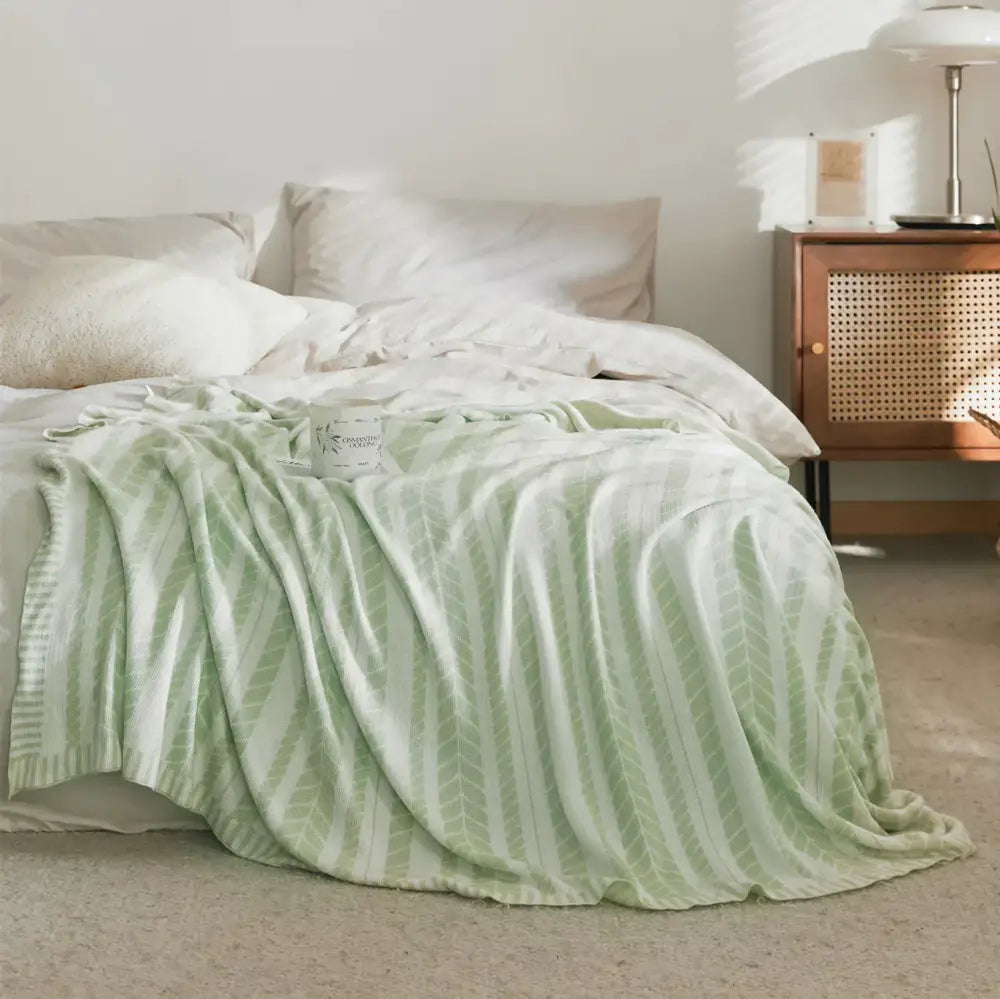 Light green leaf pattern bamboo knitted cooling blanket bedroom throw
