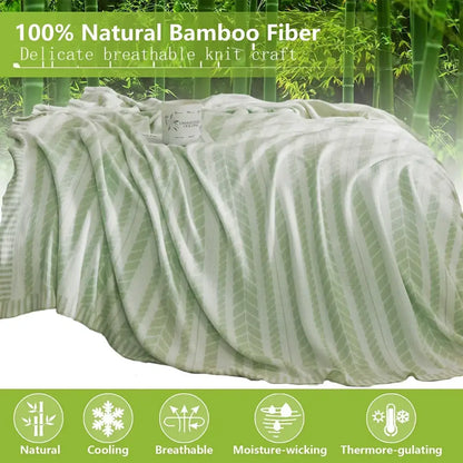 Light green leaf pattern bamboo knitted cooling blanket bedroom throw