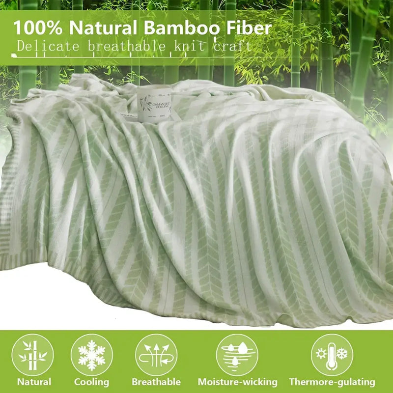 Light green leaf pattern bamboo knitted cooling blanket bedroom throw