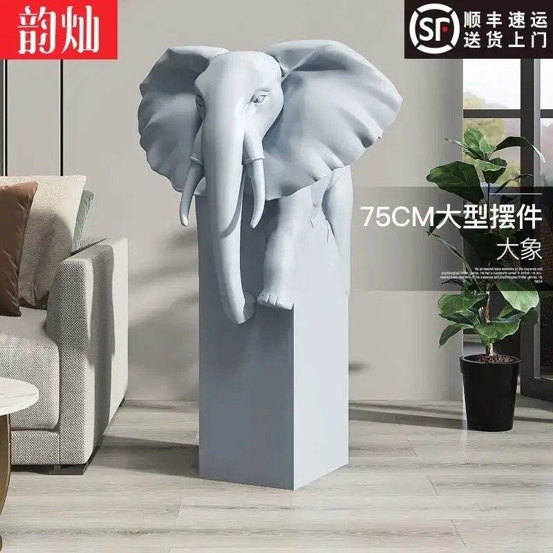 Light luxury light blue elephant ornaments living room sculpture