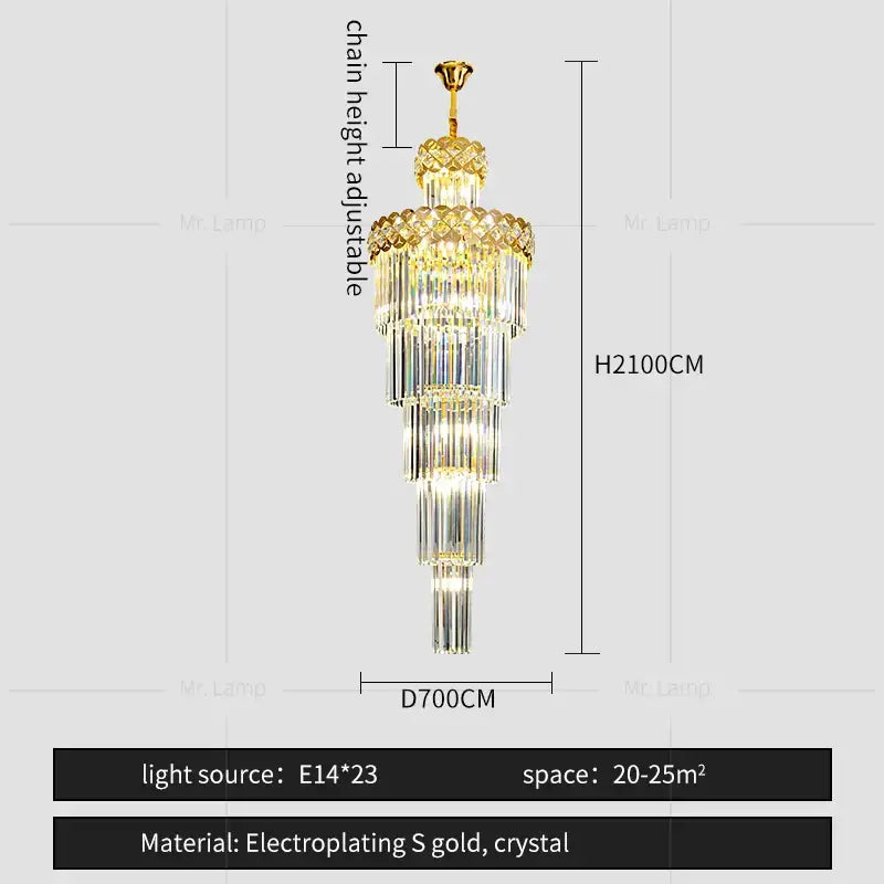 Light luxury crystal chandelier living room gold tiered glass light