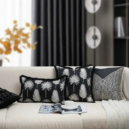 Light luxury designer black & white palm leaf pillow cover living room