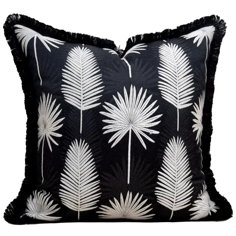Light luxury designer black & white palm leaf pillow cover living room