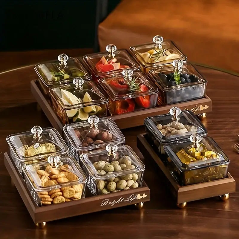Light luxury glass fruit plate with bamboo tray dining room snack set
