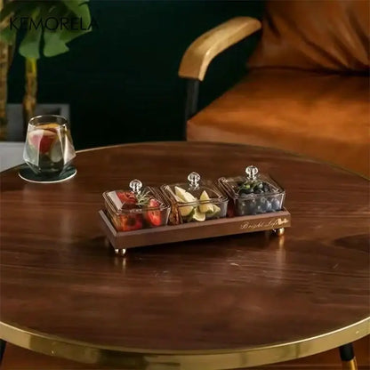 Light luxury glass fruit plate with bamboo tray dining room snack set