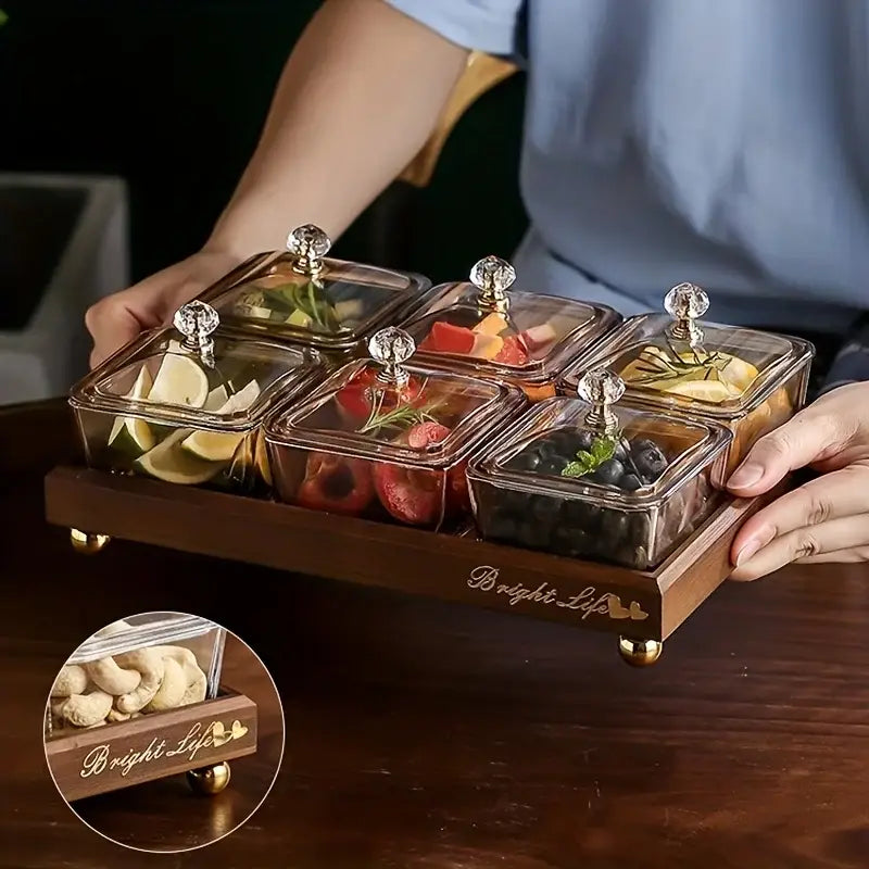 Light luxury glass fruit plate with bamboo tray dining room snack set