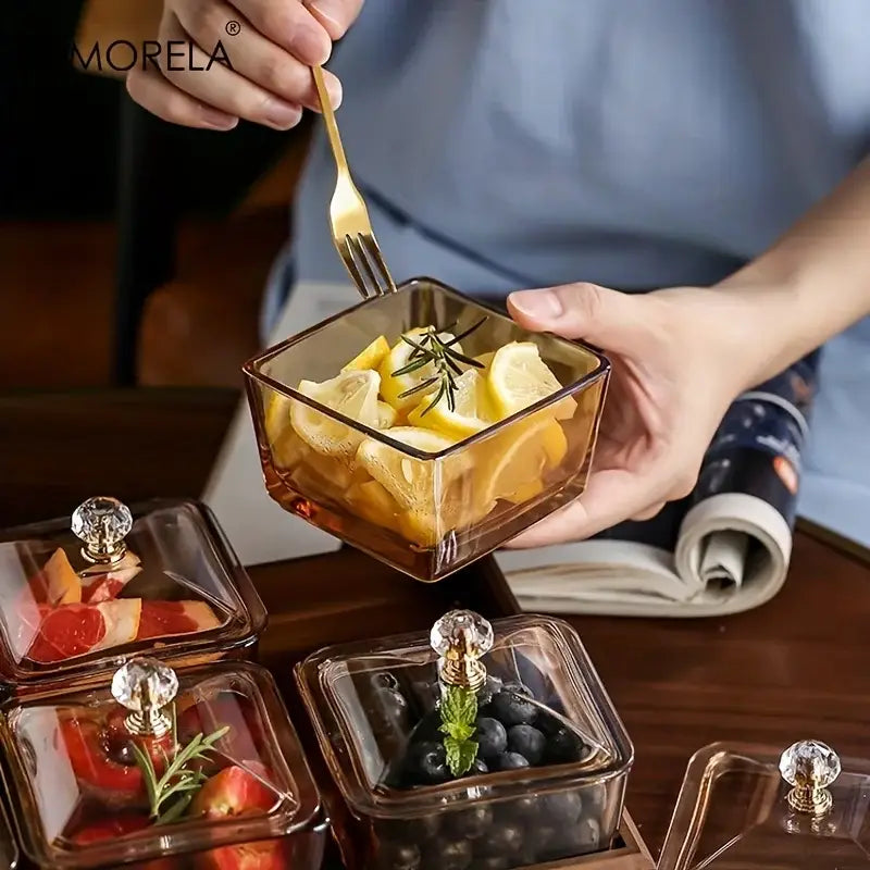 Light luxury glass fruit plate with bamboo tray dining room snack set
