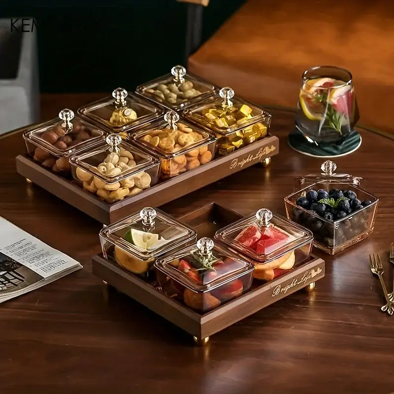 Light luxury glass fruit plate with bamboo tray dining room snack set