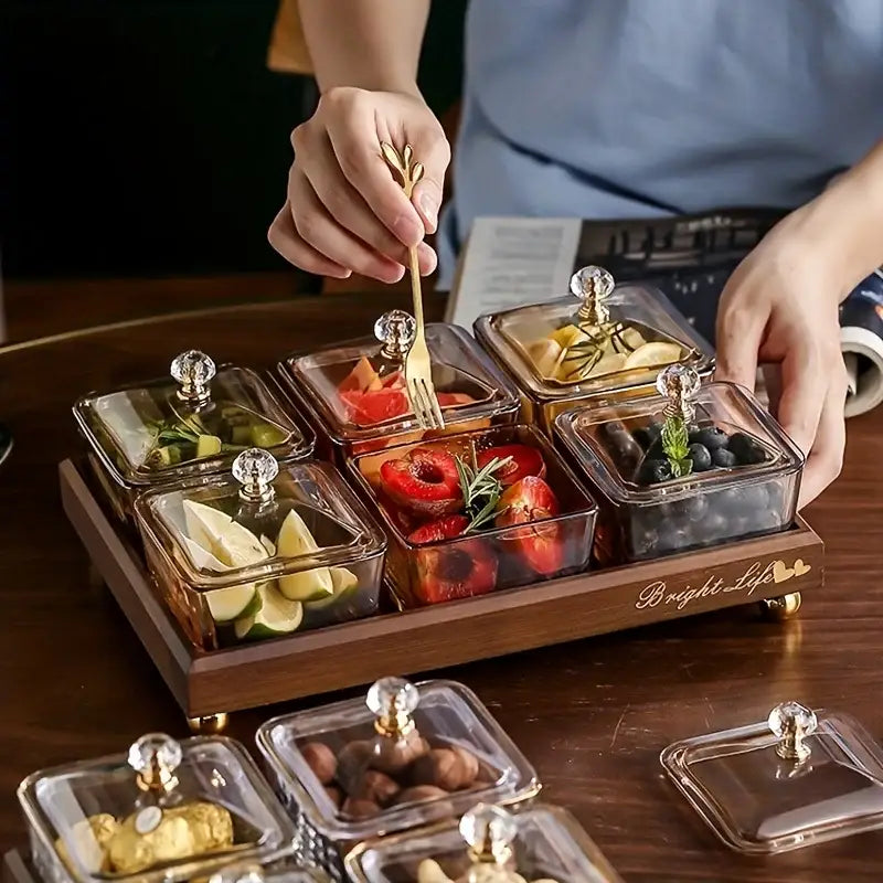 Light luxury glass fruit plate with bamboo tray dining room snack set