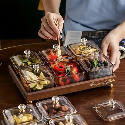 Light luxury glass fruit plate with bamboo tray dining room snack set