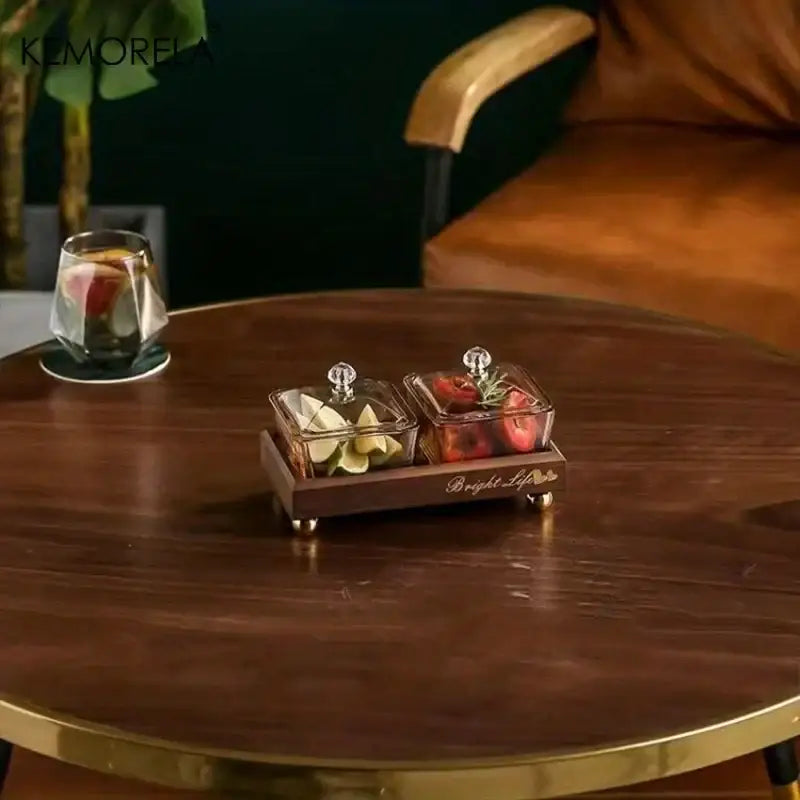 Light luxury glass fruit plate with bamboo tray dining room snack set