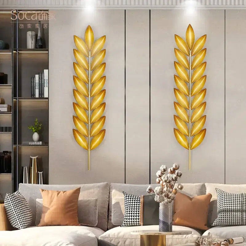 Light luxury iron golden wheat leaf wall decoration living room