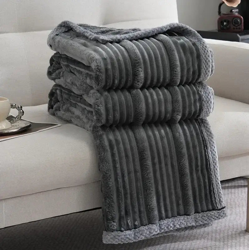 Light luxury sofa blanket cream & gray ribbed fleece bedroom throw