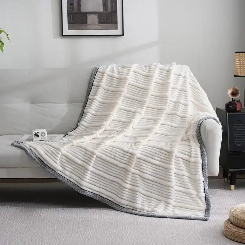 Light luxury sofa blanket cream & gray ribbed fleece bedroom throw