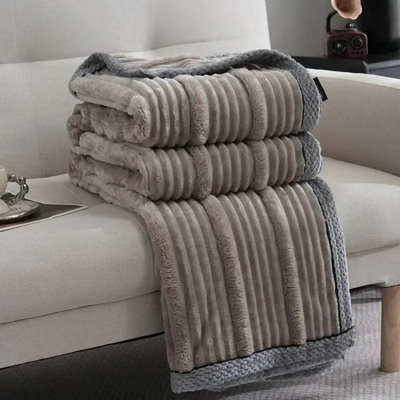 Light luxury sofa blanket cream & gray ribbed fleece bedroom throw