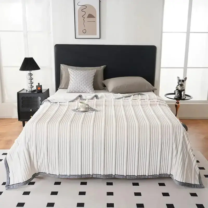 Light luxury sofa blanket cream & gray ribbed fleece bedroom throw