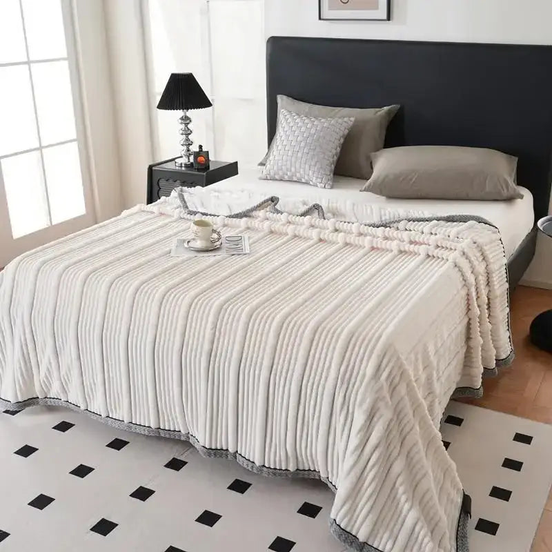 Light luxury sofa blanket cream & gray ribbed fleece bedroom throw