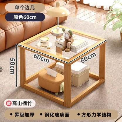 Light wood two tier glass coffee table set living room open shelving