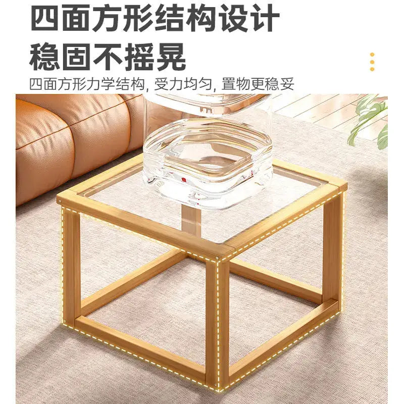 Light wood two tier glass coffee table set living room open shelving