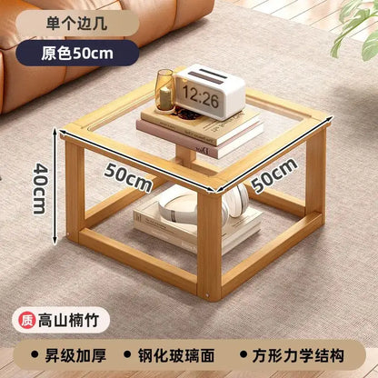 Light wood two tier glass coffee table set living room open shelving