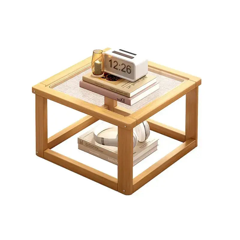 Light wood two tier glass coffee table set living room open shelving