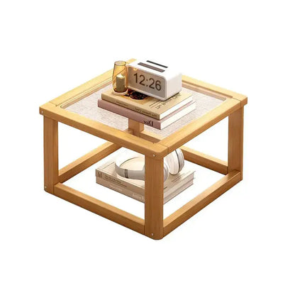 Light wood two tier glass coffee table set living room open shelving