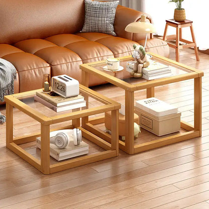 Light wood two tier glass coffee table set living room open shelving
