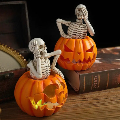 Lighted skull pumpkin skeleton sculpture set living room decor