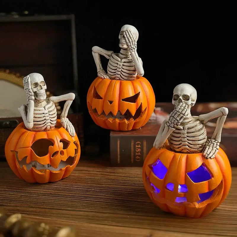 Lighted skull pumpkin skeleton sculpture set living room decor