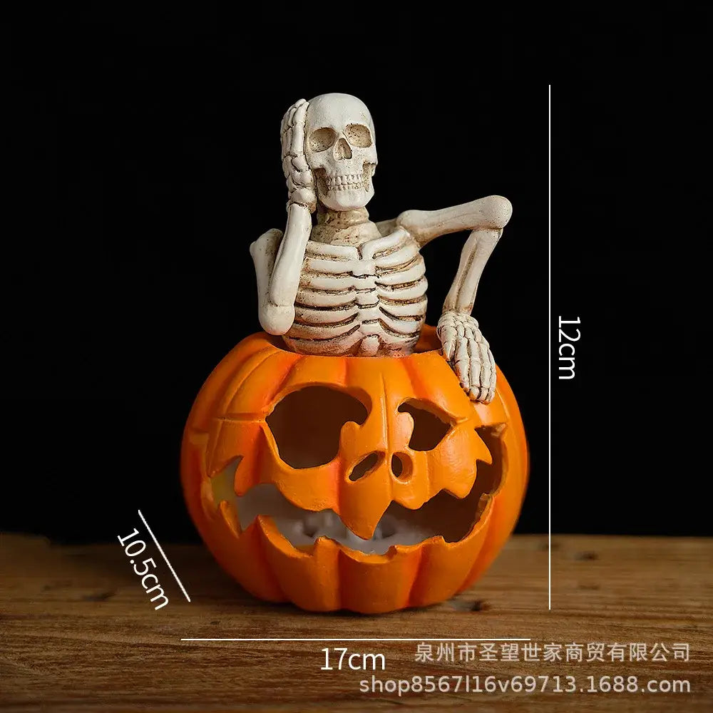 Lighted skull pumpkin skeleton sculpture set living room decor