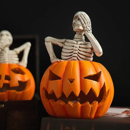 Lighted skull pumpkin skeleton sculpture set living room decor