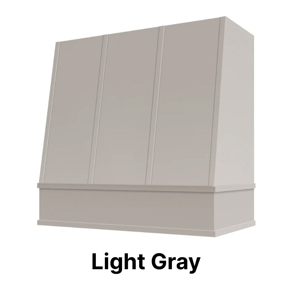 Wood Range Hood With Angled Strapped Front and Block Trim - 30", 36", 42", 48", 54" and 60" Widths Available