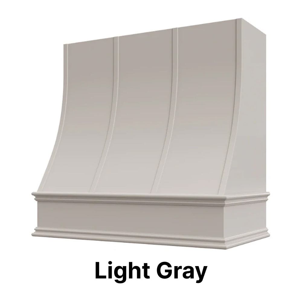 Wood Range Hood With Sloped Strapped Front and Decorative Trim - 30", 36", 42", 48", 54" and 60" Widths Available