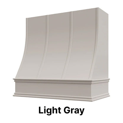Wood Range Hood With Sloped Strapped Front and Decorative Trim - 30", 36", 42", 48", 54" and 60" Widths Available