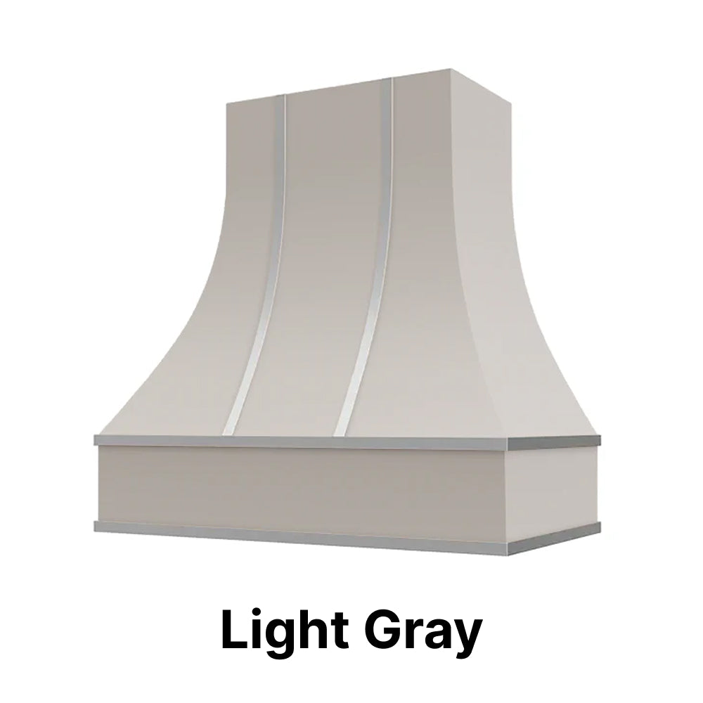 Wood Range Hood With Curved Front, Silver Strapping and Block Trim - 30", 36", 42", 48", 54" and 60" Widths Available