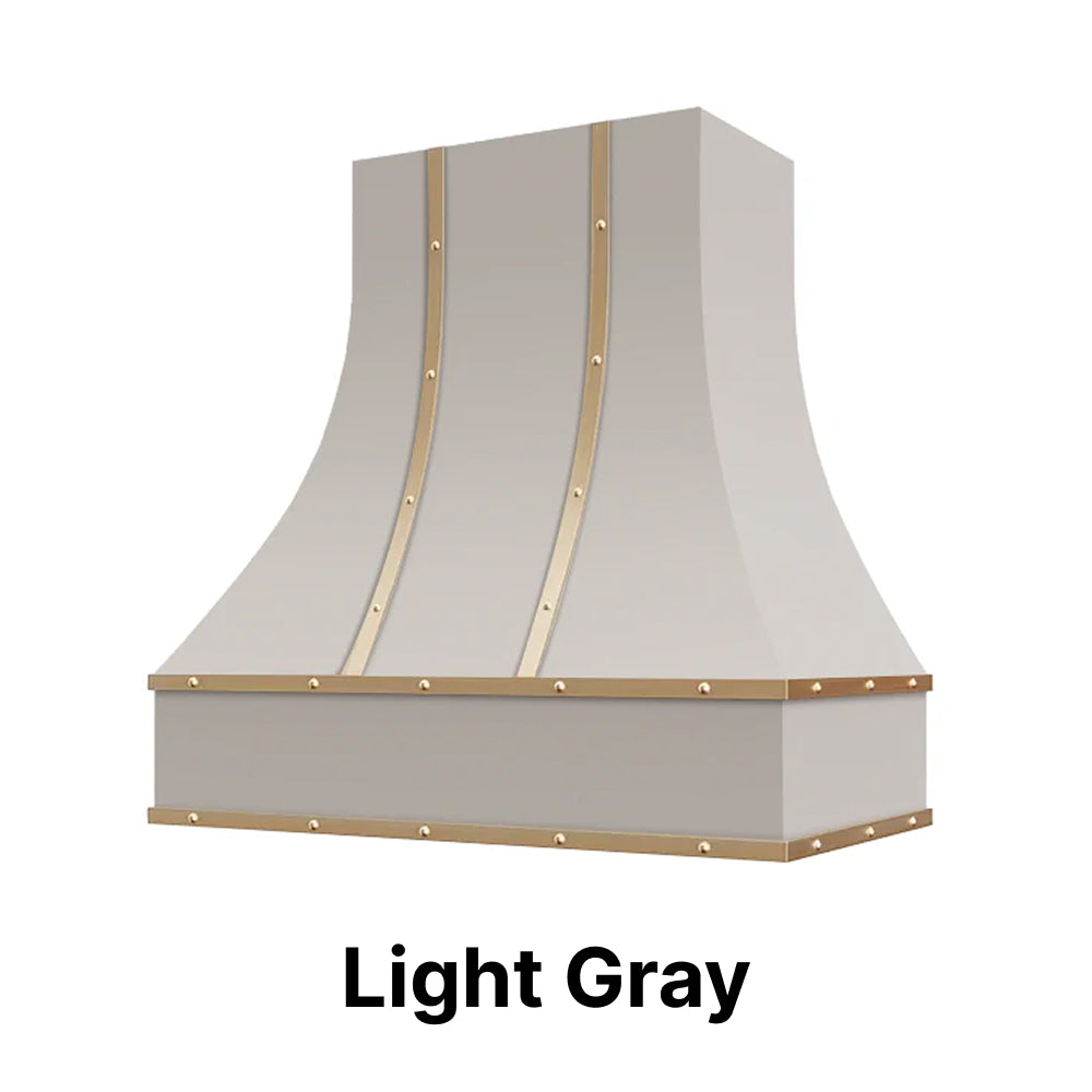 Wood Range Hood With Curved Front, Brass Strapping and Buttons - 30", 36", 42", 48", 54" and 60" Widths Available