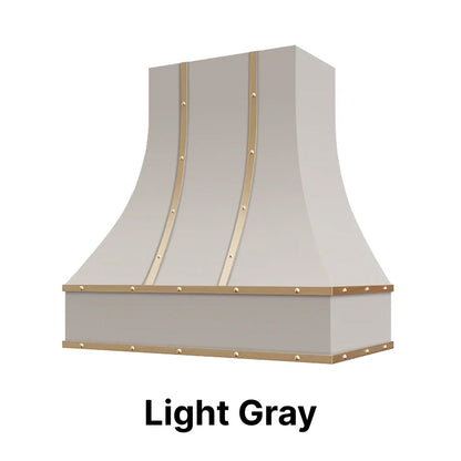 Wood Range Hood With Curved Front, Brass Strapping and Buttons - 30", 36", 42", 48", 54" and 60" Widths Available