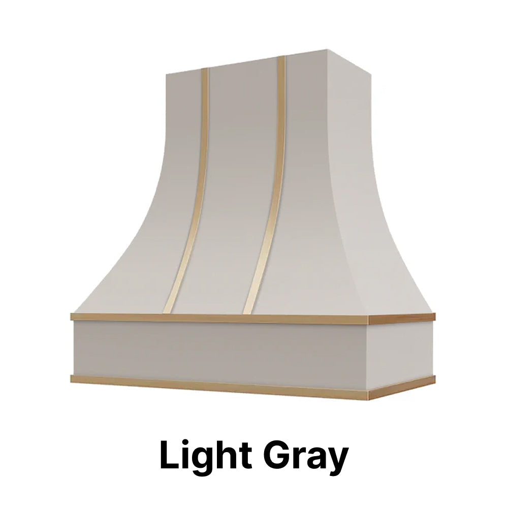 Wood Range Hood With Curved Front and Brass Strapping and Flat Trim - 30" 36" 42" 48" 54" and 60" Widths Available