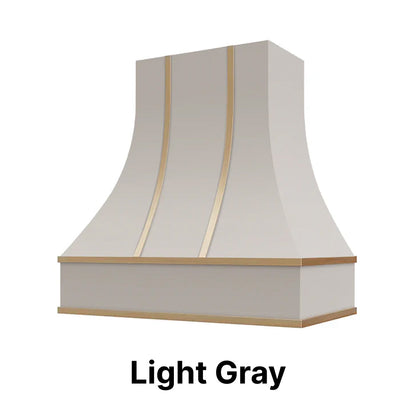 Wood Range Hood With Curved Front and Brass Strapping and Flat Trim - 30" 36" 42" 48" 54" and 60" Widths Available