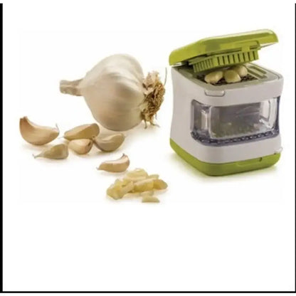 Lime green & white garlic press cutter with kitchen storage container